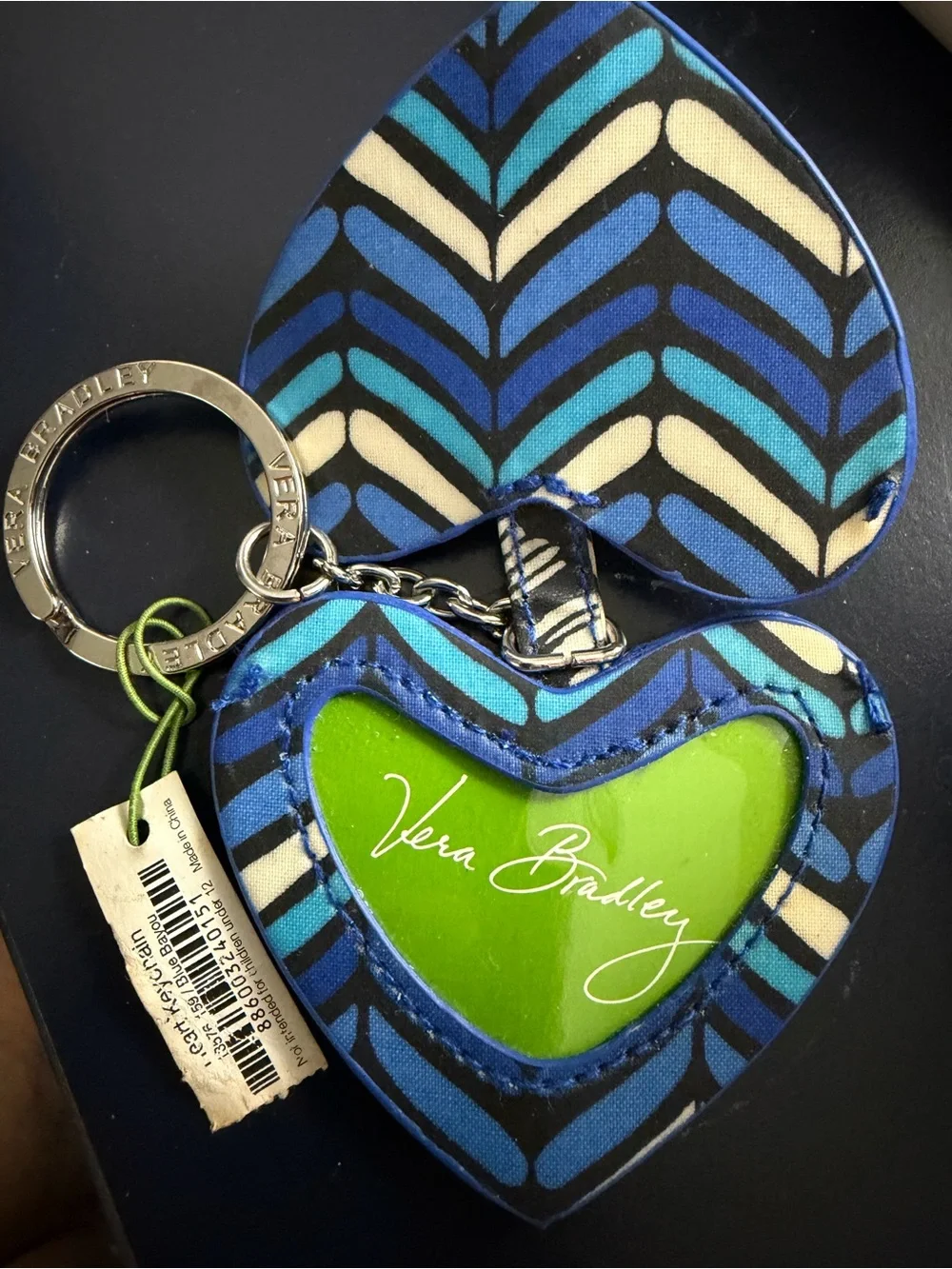 Vera Bradley Blue Floral Heart Key Chain with Black and Cream Accents